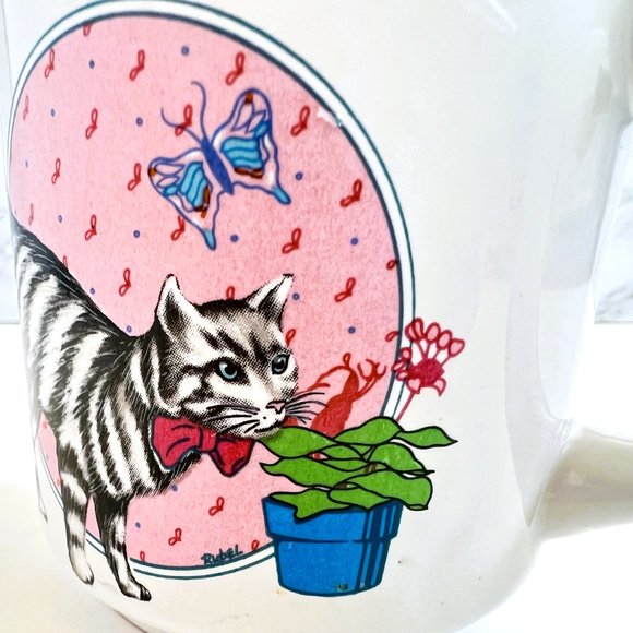 Vintage Black & White Tuxedo Cat and Butterfly Coffee Mug, 1980's Cottagecore - Picture 2 of 5